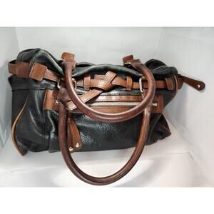 Audrey Brooke Black Pebbled Leather Tote Bag with Brown Accents and Zippered Top